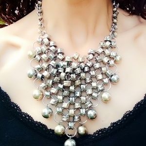 Vintage HUGE Silver Bib Statement Necklace